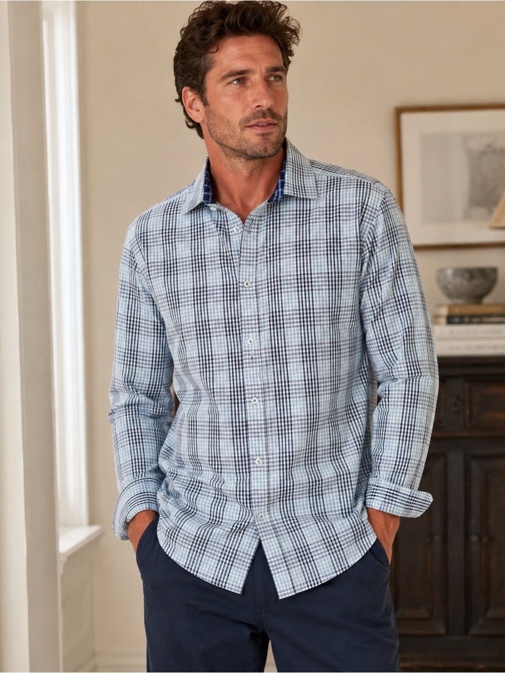 Tasso Elba Blue and Navy Plaid Long-Sleeve Button-Down Shirt